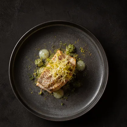 Plato creativo con pescado y hierbas